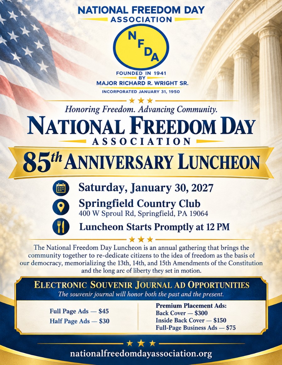 Flyer for the National Freedom Day Association 85th Anniversary Luncheon on Saturday, January 30, 2027 at Springfield Country Club, starting promptly at 12 PM.