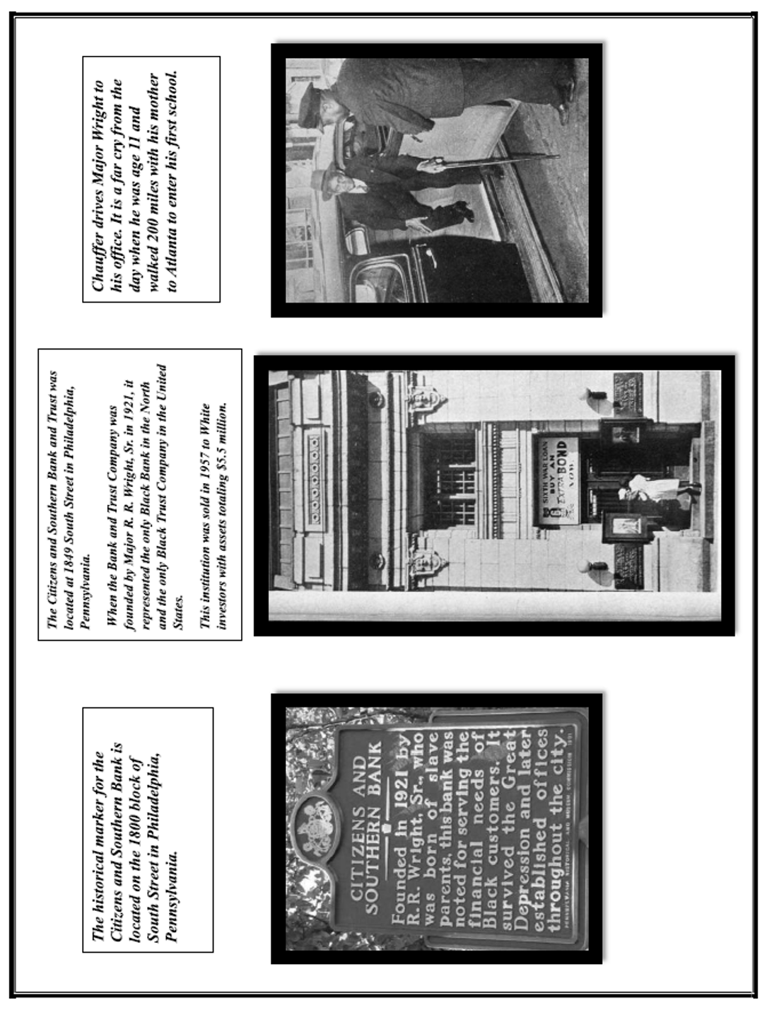 Three historical panels about the Citizens and Southern Bank: a Pennsylvania historical marker, the bank building at 1849 South Street, and a chauffeur driving Major Wright to his office.