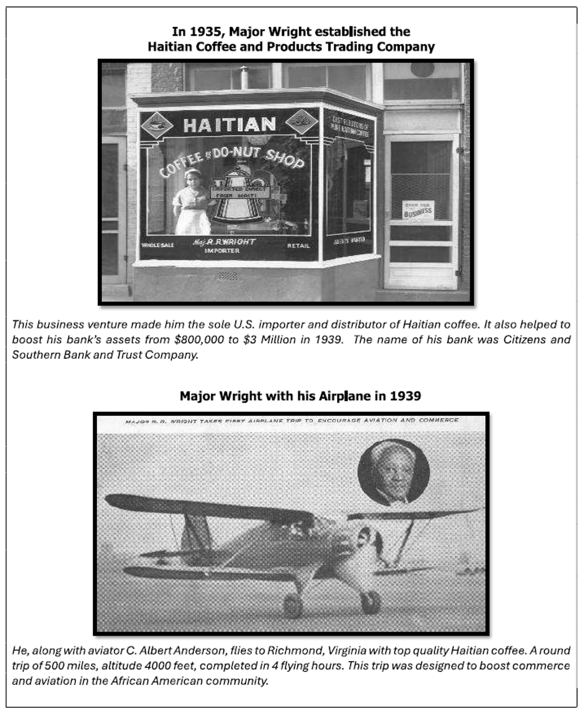Two historical photographs of Major R.R. Wright: the Haitian Coffee and Do-Nut Shop storefront and Major Wright with his airplane in 1939.